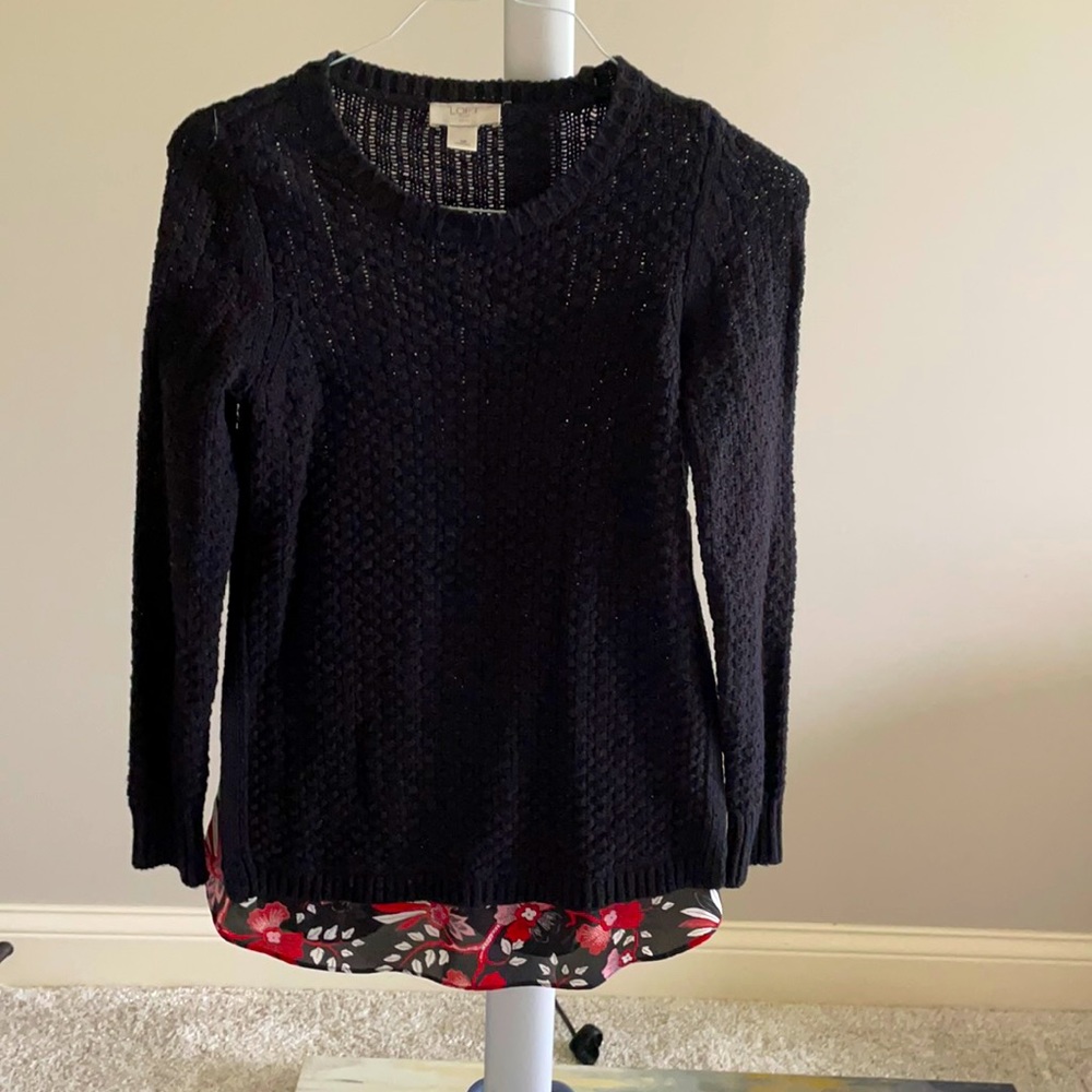 Loft Black sweater with red and white accents.